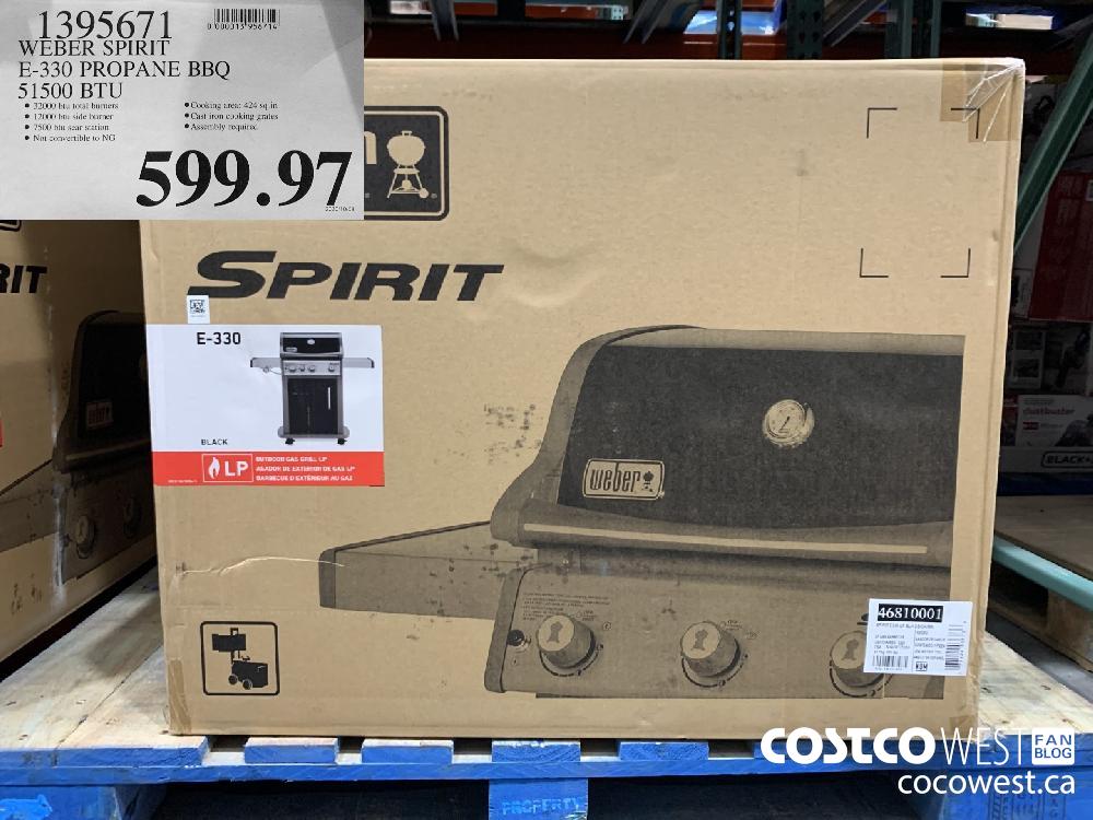 1395671 WEBER SPIRIT E-330 PROPANE BBQ 51500 BTU ® 32000 btu total burners ® Cooking area: 424 sq.in © 12000 btu side burner © Cast iron cooking grates ® 7500 btu sear station ®@ Assembly required ® Not convertible to NG 599.97