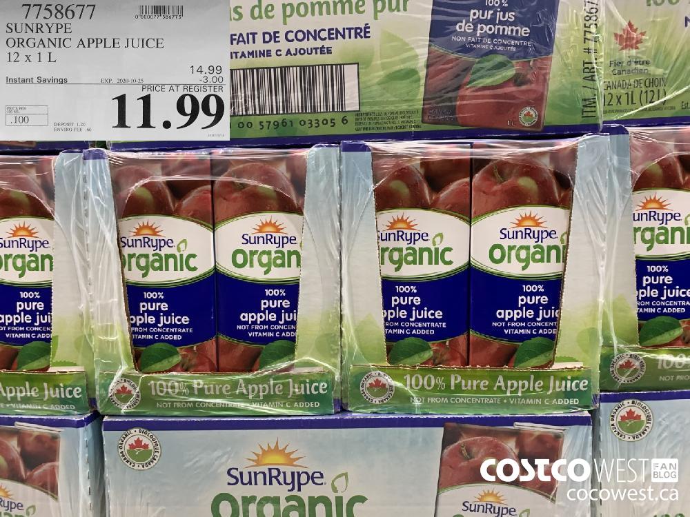 7758677 SUNRYPE ORGANIC APPLE JUICE 12 x 1 L EXP. 2020-10-25 11.99