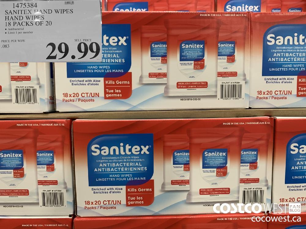 1475334 SANITEX HAND WIPES HAND WIPES 18 PACKS OF 20 29.99