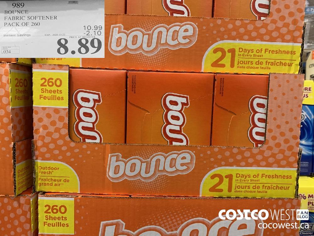 989 BOUNCE FABRIC SOFTENER PACK OF 260 EXP. 2020-10-22 8.89
