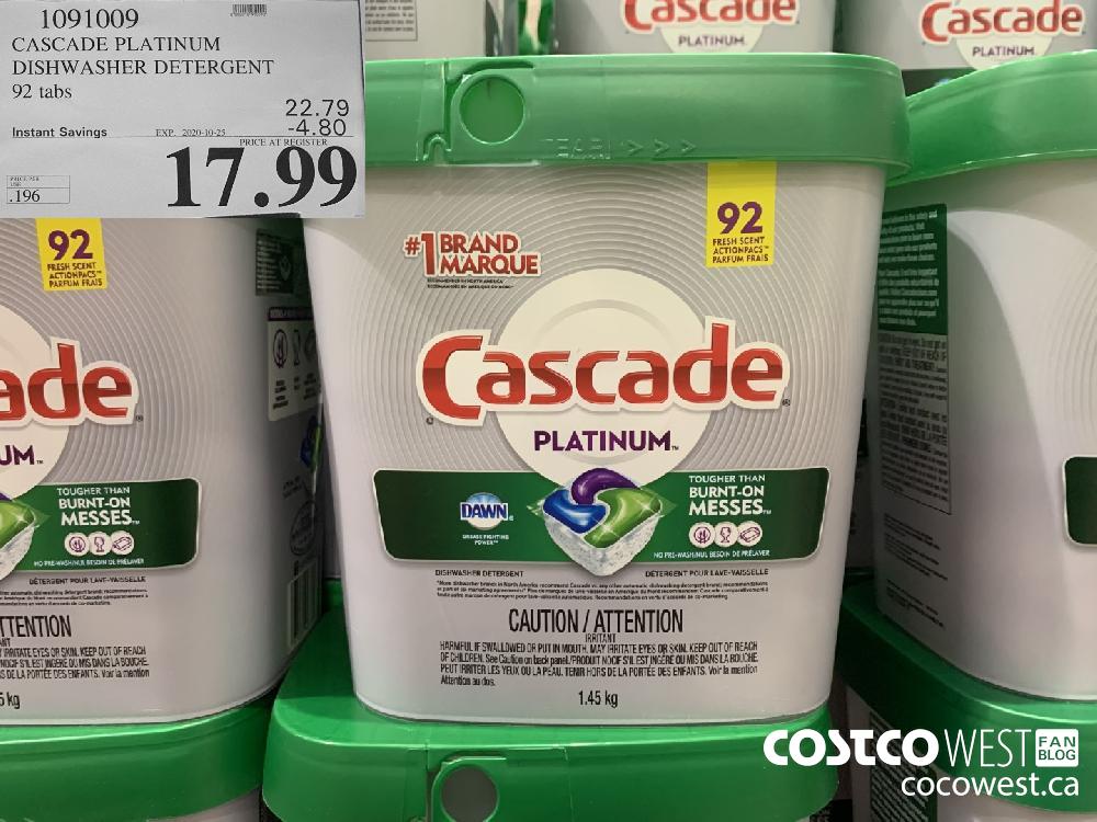 1091009 CASCADE PLATINUM DISHWASHER DETERGENT 92 tabs EXP. 2020-10-25 17.99
