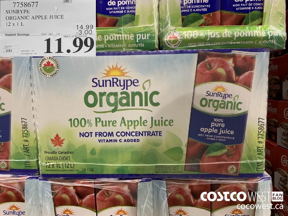 7758677 SUNRYPE ORGANIC APPLE JUICE 12 x 1 L EXP. 2020-10-25 11.99