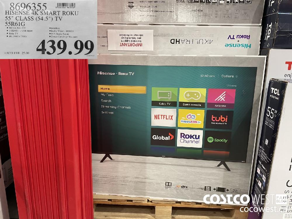8696355 HISENSE 4K SMART ROKU 55" CLASS (54.5) TV 55R61G $439.99