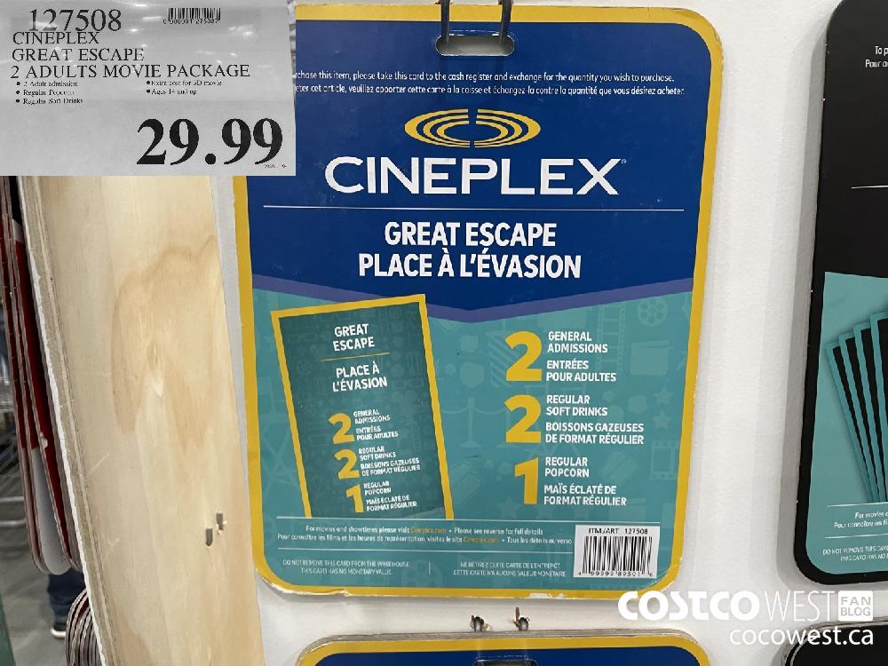 127508 CINEPLEX GREAT ESCAPE 2 ADULTS MOVIE PACKAGE $29.99