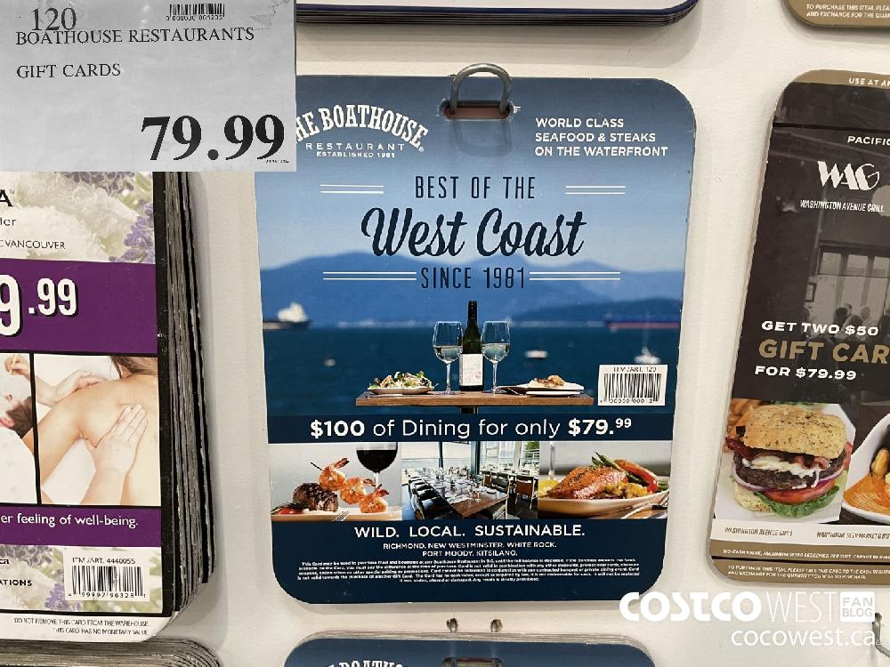 120 BOATHOUSE RESTAURANTS GIFT CARDS $79.99