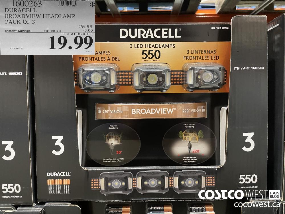 1600263 DURACELL BROADVIEW HEADLAMP PACK OF 3 EXPIRY DATE: 2021-02-07 $19.99