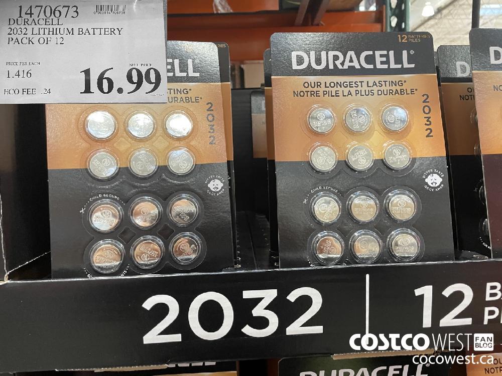 1470673 DURACELL 2032 LITHIUM BATTERY PACK OF 12 $16.99