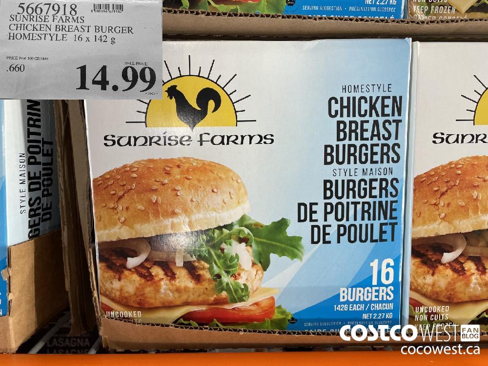 5667918 SUNRISE FARMS CHICKEN BREAST BURGER HOMESTYLE 16 x 142 g $14.99