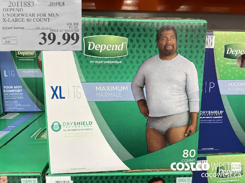2011883 DEPEND UNDERWEAR FOR MEN X-LARGE 80 COUNT EXPIRY DATE: 2021-05-02 $39.99 
