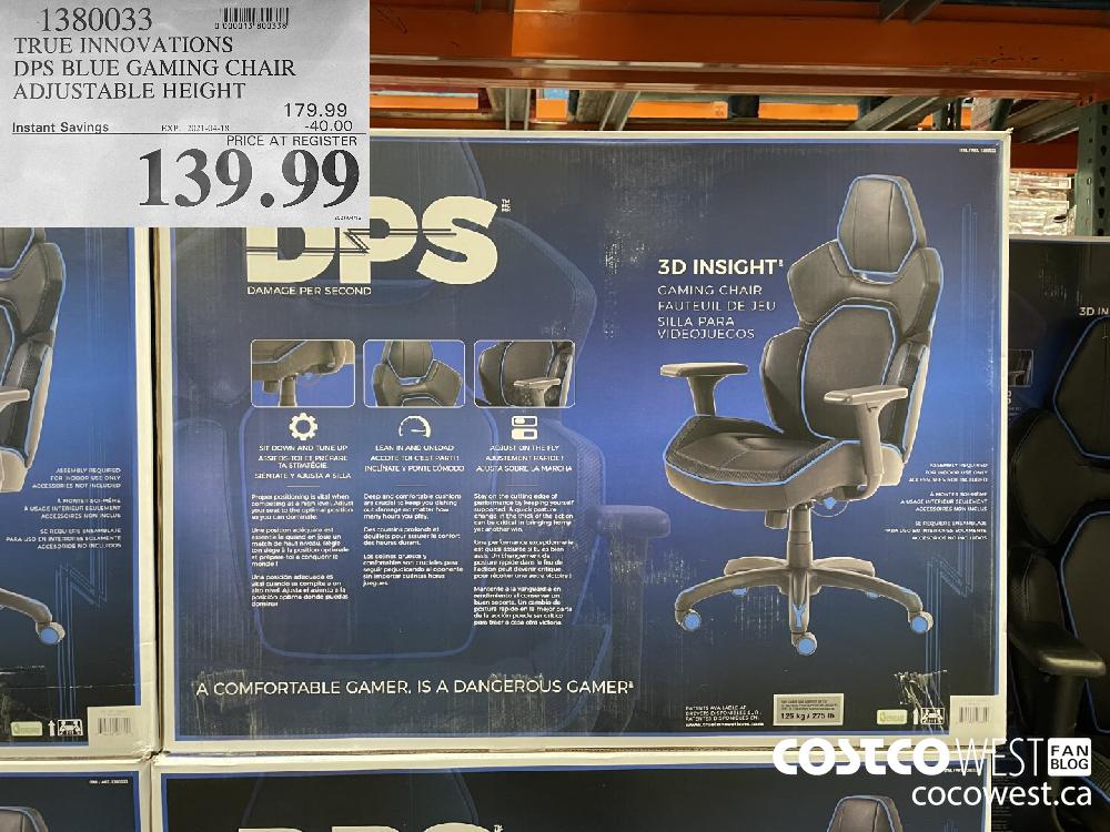 1380033 TRUE INNOVATIONS DPS BLUE GAMING CHAIR ADJUSTABLE HEIGHT EXPIRY DATE: 2021-04-18 $139.99 