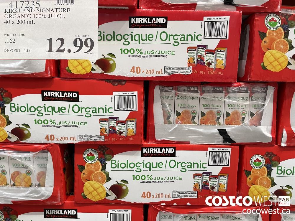 417235 KIRKLAND SIGNATURE ORGANIC 100% JUICE 40 x 200 mL $12.99