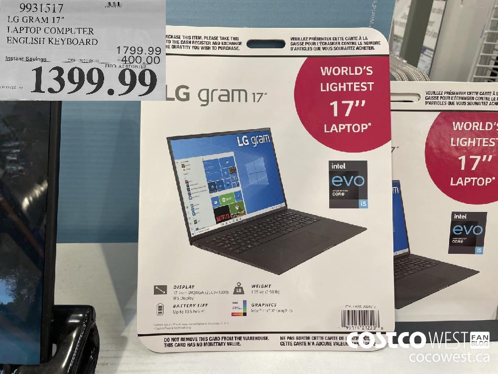 9931517 LG GRAM 17" LAPTOP COMPUTER ENGLISH KEYBOARD ($400.00 INSTANT SAVINGS EXPIRES ON 2021-05-30) $1399.99