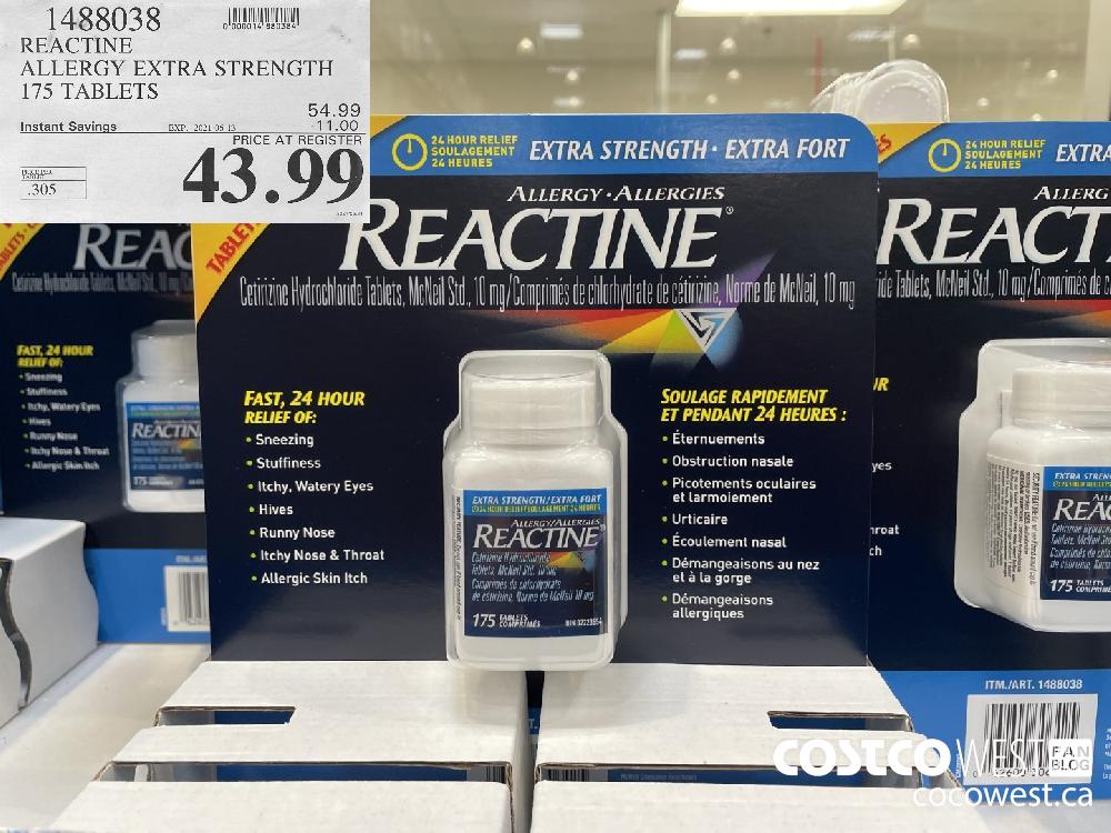 1488038 REACTINE ALLERGY EXTRA STRENGTH 175 TABLETS ($11.00 INSTANT SAVINGS EXPIRES ON 2021-06-13) $43.99