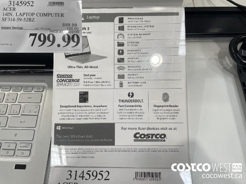 3145952 ACER 14 IN. LAPTOP COMPUTER SF314-59-52BZ ($100.00 INSTANT SAVINGS EXPIRES ON 2021-07-04) $799.99