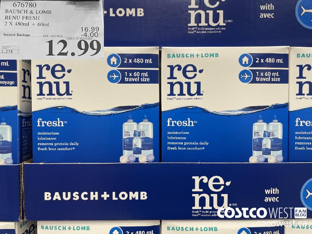 676780 BAUSCH & LOMB RENU FRESH 2 X 480ml + 60ml ($4.00 INSTANT SAVINGS EXPIRES ON 2021-08-01) $12.99