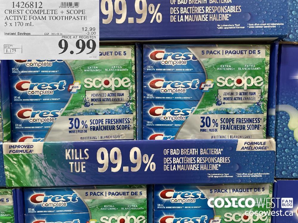 1426812 CREST COMPLETE + SCOPE ACTIVE FOAM TOOTHPASTE 5 x 170 mL ($3.00 INSTANT SAVINGS EXPIRES ON 2021-08-01) $9.99