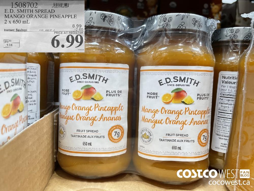 1508702 E.D. SMITH SPREAD MANGO ORANGE PINEAPPLE 2 x 650 mL ($2.00 INSTANT SAVINGS EXPIRES ON 2021-07-13) $6.99