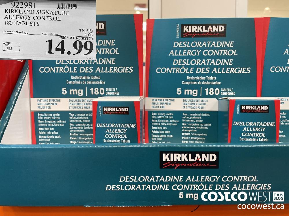 922981 KIRKLAND SIGNATURE ALLERGY CONTROL 180 TABLETS ($4.00 INSTANT SAVINGS EXPIRES ON 2021-08-01) $14.99
