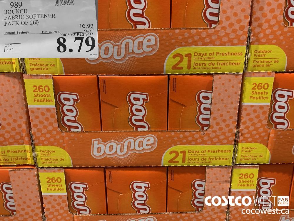 989 BOUNCE FABRIC SOFTENER PACK OF 260 ($2.20 INSTANT SAVINGS EXPIRES ON 2021-08-29) $8.79