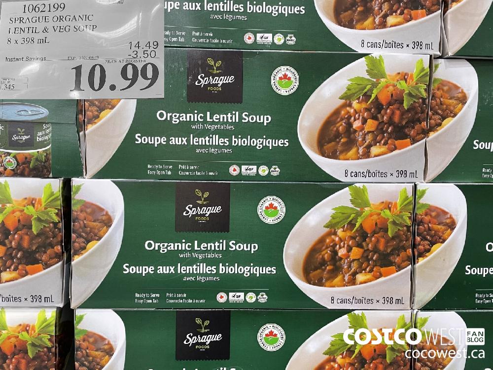 1062199 SPRAGUE ORGANIC LENTIL & VEG SOUP 8 x 398 mL ($3.50 INSTANT SAVINGS EXPIRES ON 2021-08-29) $10.99