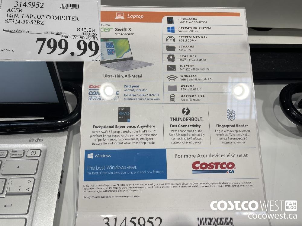 3145952 ACER 14IN. LAPTOP COMPUTER SF314-59-52BZ ($100.00 INSTANT SAVINGS EXPIRES ON 2021-08-29) $799.99