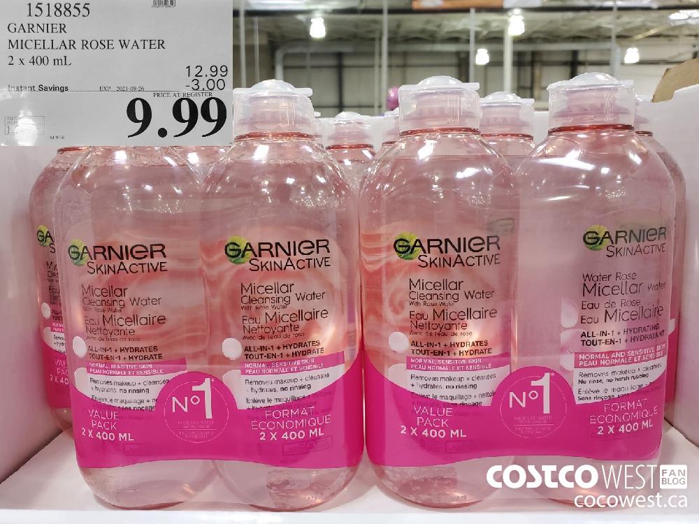 1518855 GARNIER MICELLAR ROSE WATER 2 x 400 mL ($3.00 INSTANT SAVINGS EXPIRES ON 2021-09-26) $9.99