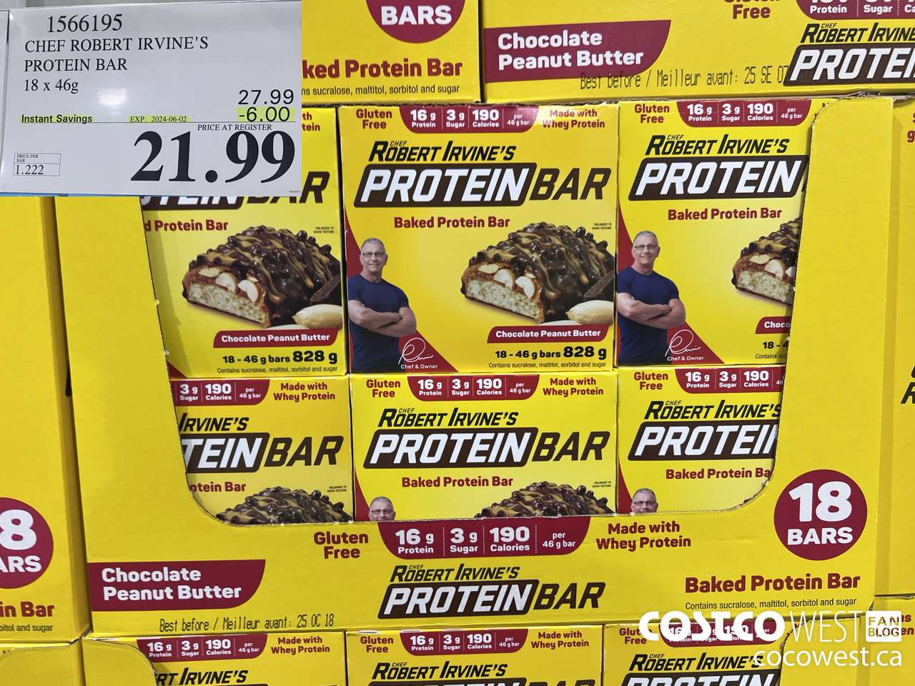 1566195 CHEF ROBERT IRVINE'S PROTEIN BAR 18 X 46G ($6.00 INSTANT SAVINGS EXPIRES ON 2024-06-02) $21.99